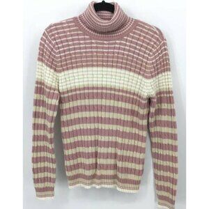 liz & co Sweater Size Large Pink Stripe Cable Knit Turtleneck Long Sleve New B13